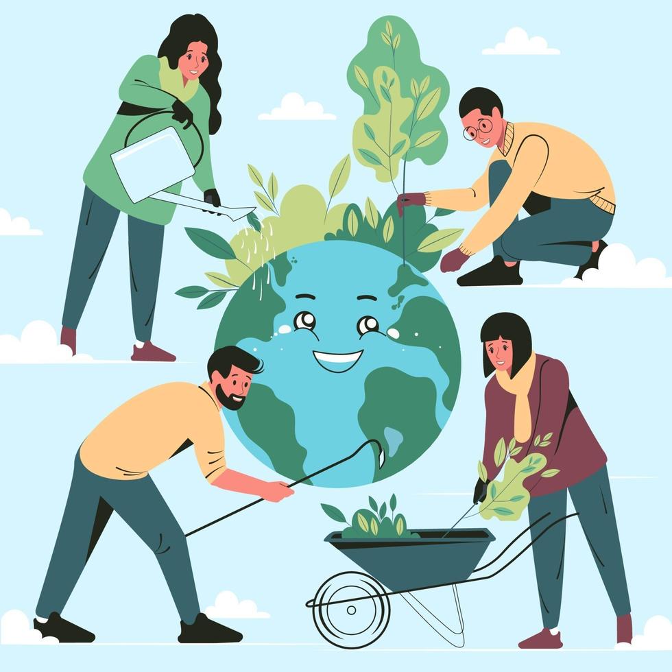 People take care of planet Earth. Ecology concept, save energy and Environmental protection. Flat vector illustration