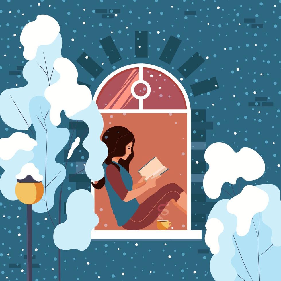 Young woman relaxing at home sitting on the windowsill reading a book. The girl is resting in a cozy house, and outside the window is winter. Vector illustration.