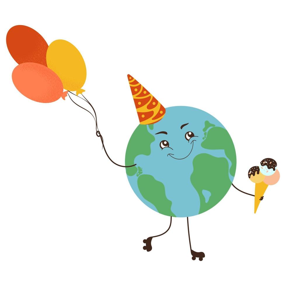 Cute Planet Earth is celebrating its birthday. Happy character on roller skates with balloons and ice cream in his hands. Flat vector illustration for world Environment Day banner or poster