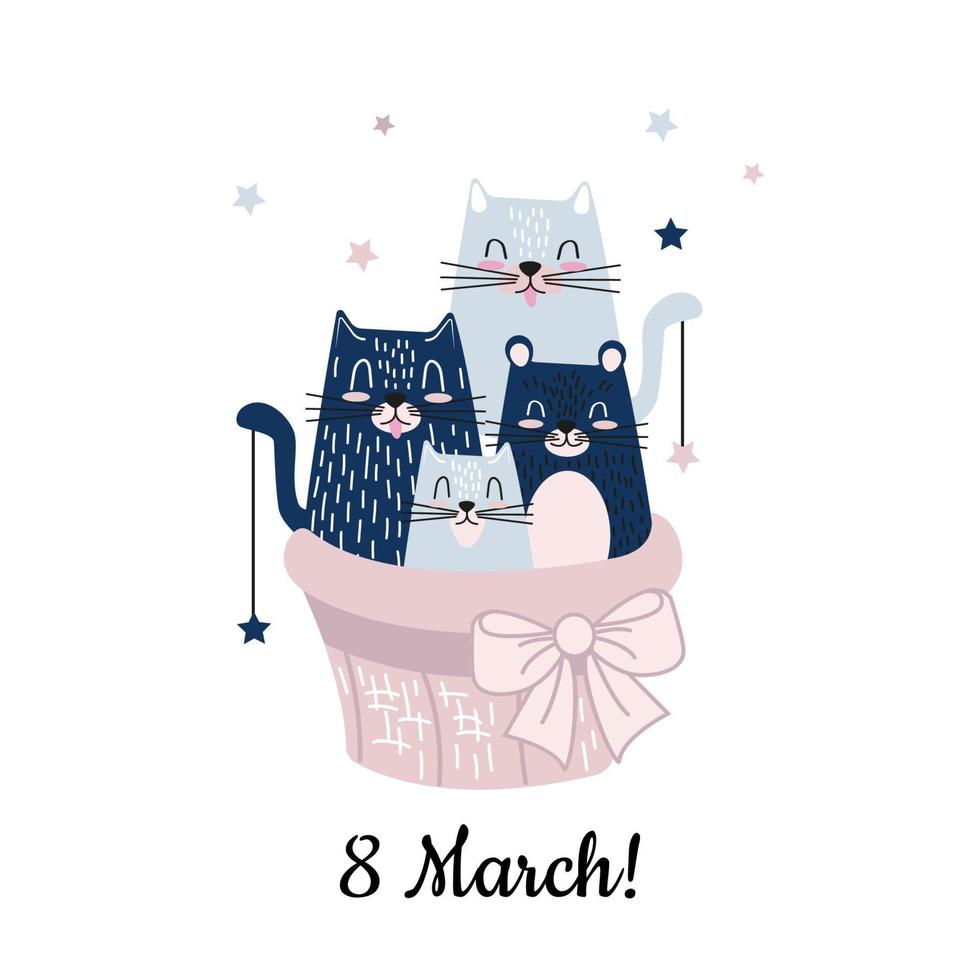 Funny cartoon cats in the basket. Hello spring March 8 card. Cute vector illustration for postcards, banner and kids print