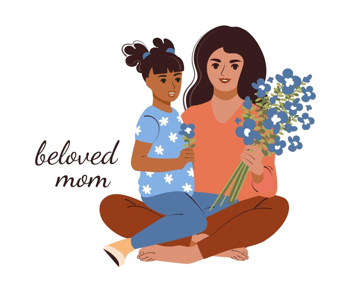 A young mother hugs her daughter and holds a bouquet of flowers. Beautiful woman with her child. Vector illustration