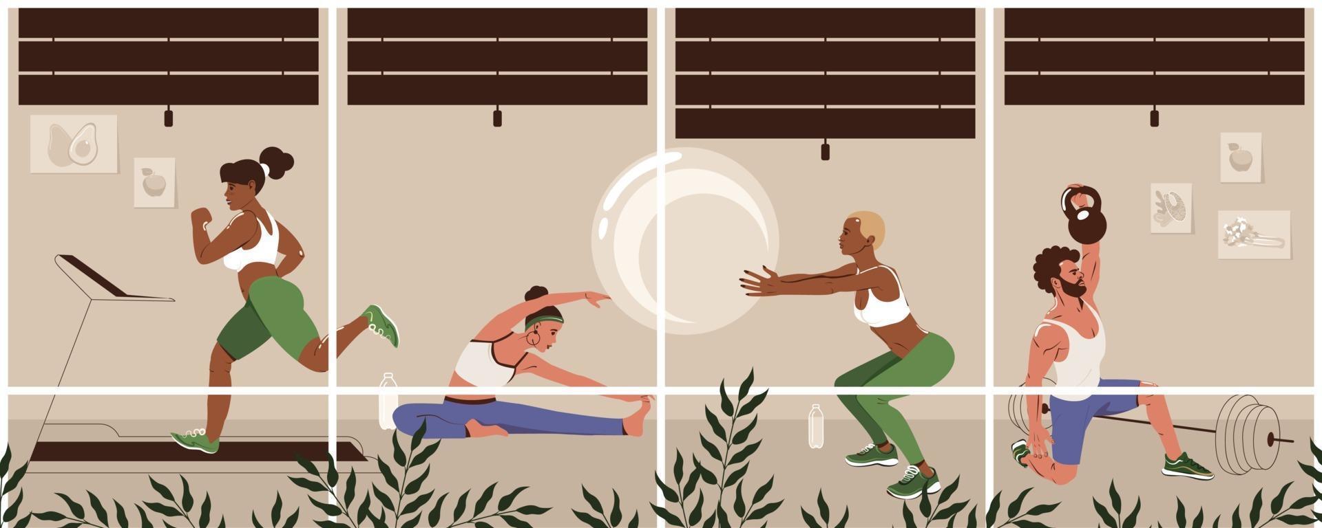 Different young people exercising at modern gym. Healthy lifestyle, fitness concept. Men and women do physical exercises. Flat vector illustration