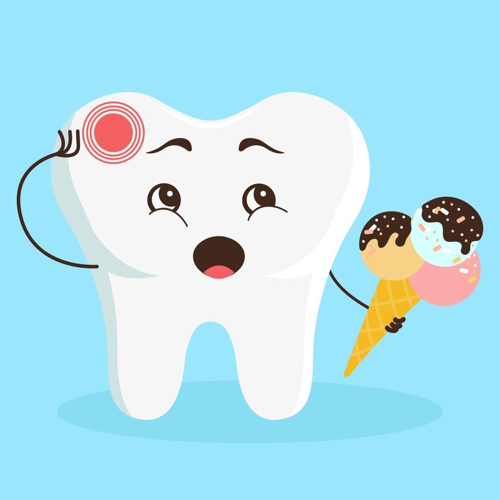 Cute cartoon character tooth hurts. Hypersensitivity of teeth to cold in children. Flat vector illustration