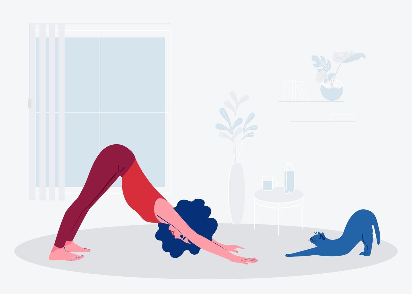 la niña está haciendo yoga en casa con su gato. ilustración vectorial plana vector