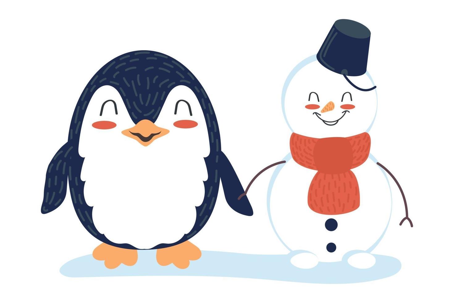 Cute cartoon characters penguin and snowman hold hands. Friends at the North Pole. Children's vector illustration