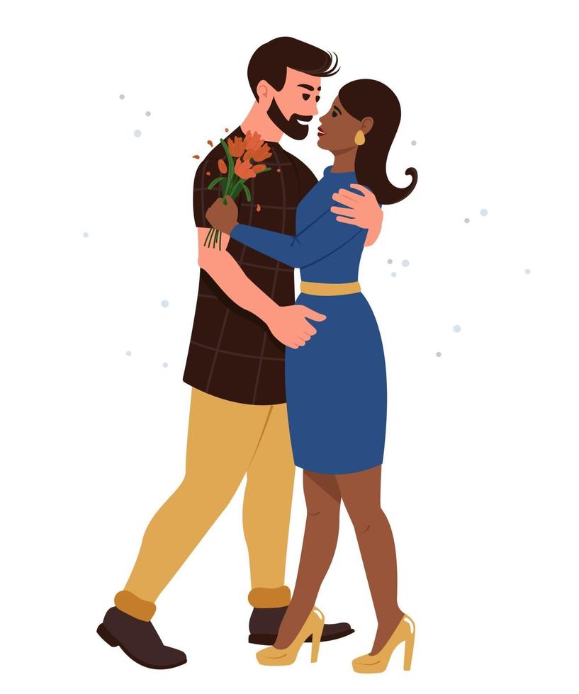 International young couple in love. A white guy gave his African American girlfriend a bouquet of flowers. Flat vector illustration