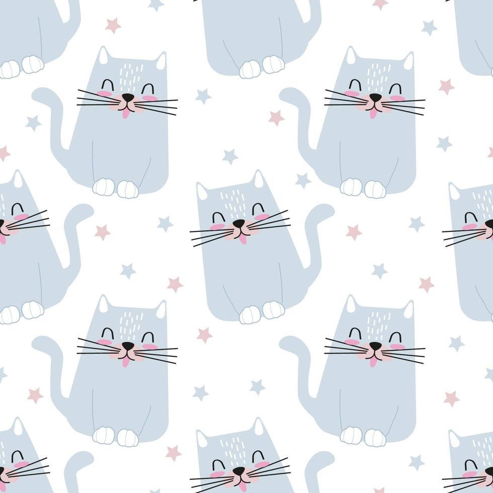 Seamless pattern of a gray cat among the stars. Childrens illustration for wrapping paper, wallpaper, postcards and background vector