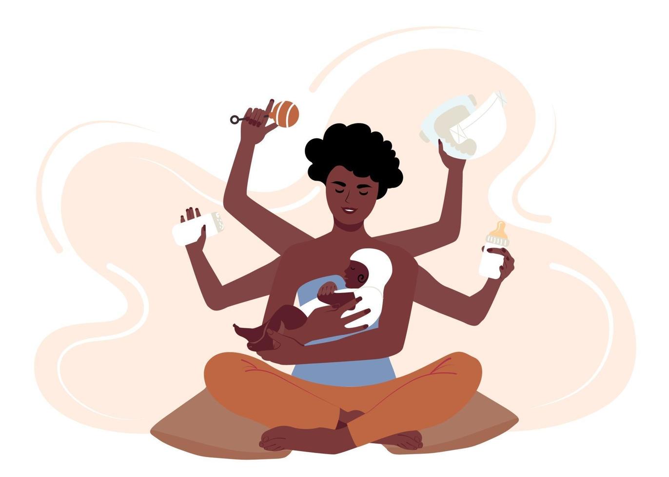 ocupada madre afroamericana cuidando a su hijo. Mamá negra multitarea con seis manos cambia pañales, alimenta y acuesta a su bebé. ilustración vectorial plana vector