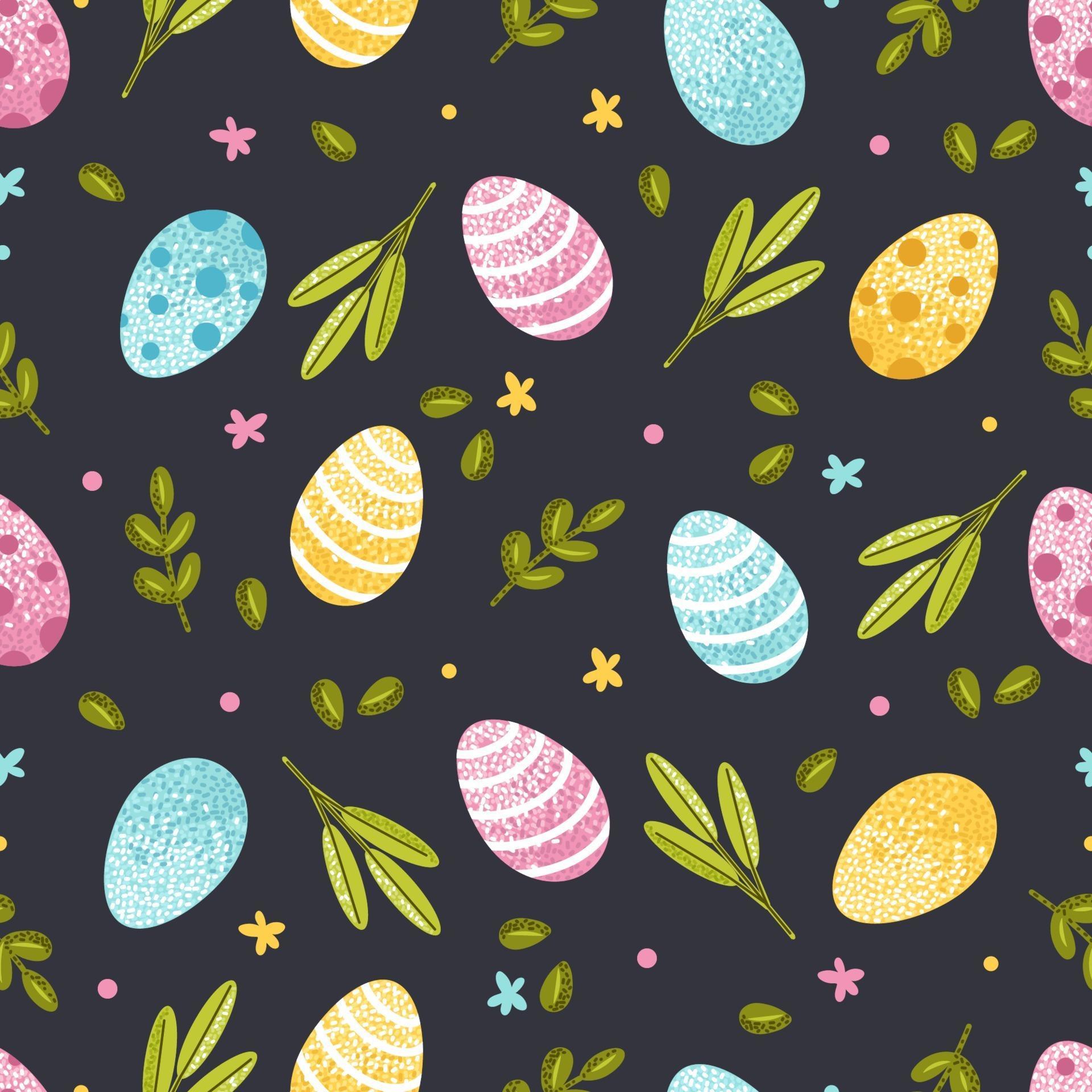 Easter seamless pattern with eggs and spring elements. Vector