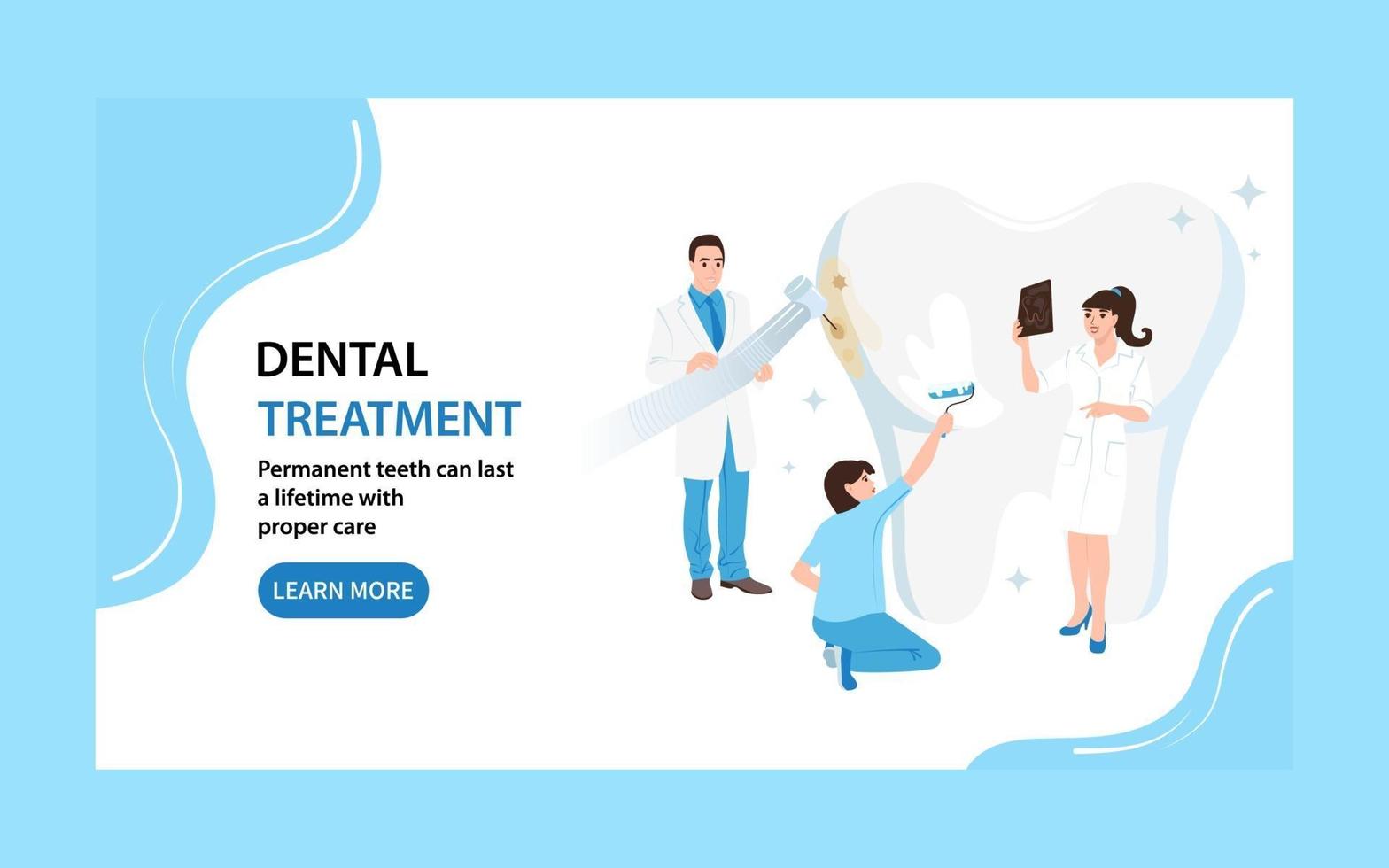 página de inicio de tratamiento dental. banner web dentistas cuidan el diente. ilustración vectorial plana vector