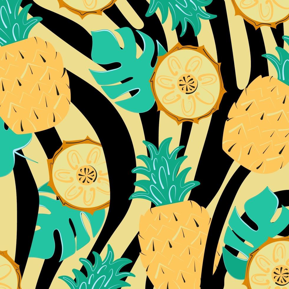 Summer pattern with zebra stripes, monstera and pineapple. Exotic background with leaves and fruit slices. Vector illustration