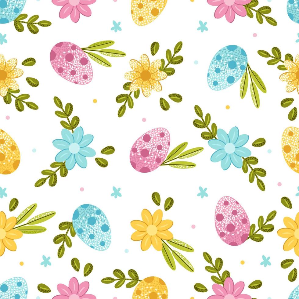 Easter seamless pattern with eggs, spring flowers and leaves on a light background. Vector illustration