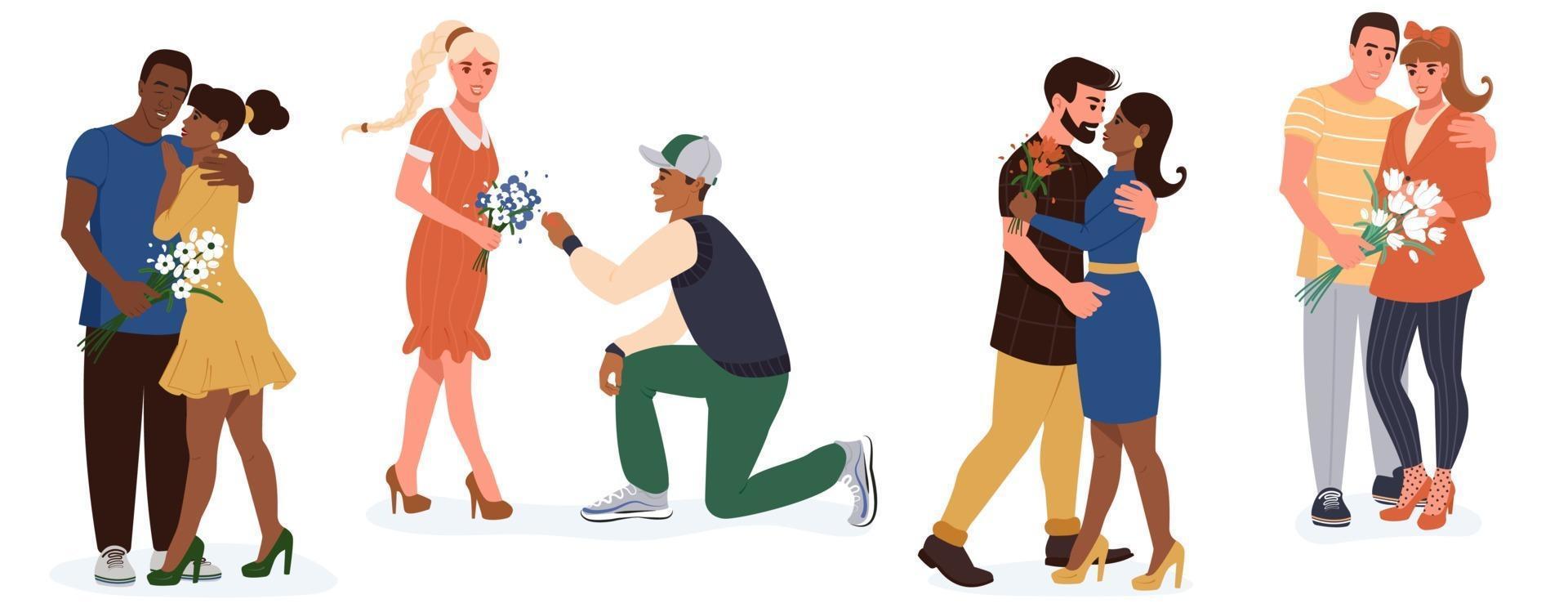 conjunto de jóvenes parejas románticas felices. idea de diversidad y convivencia social. parejas de hombres y mujeres en la cita. vector plano aislado sobre fondo blanco