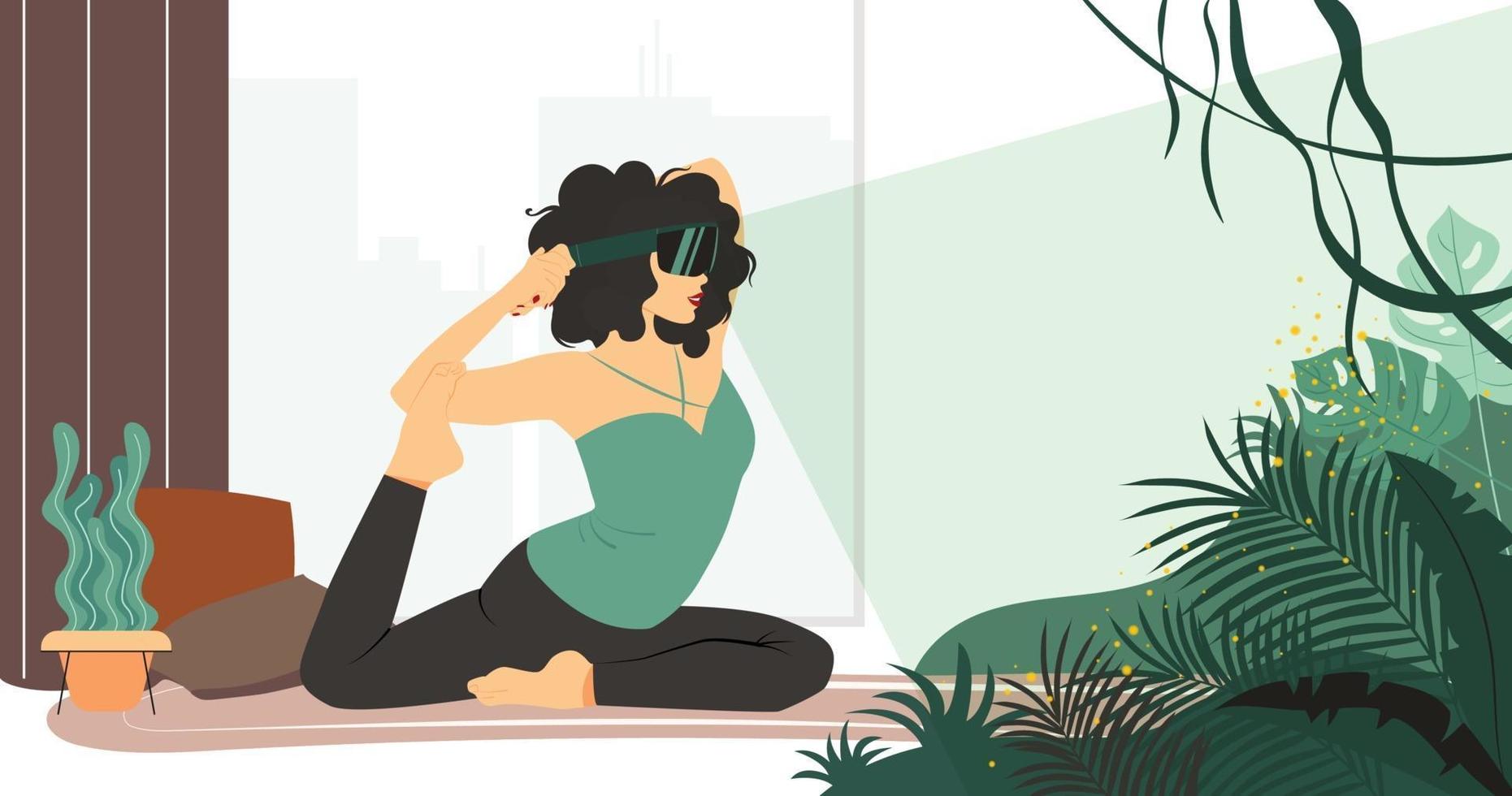 mujer practica yoga en casa con gafas de realidad virtual y observa la jungla. Practique deportes en la naturaleza en autoaislamiento con gafas de realidad virtual. ilustración vectorial plana vector