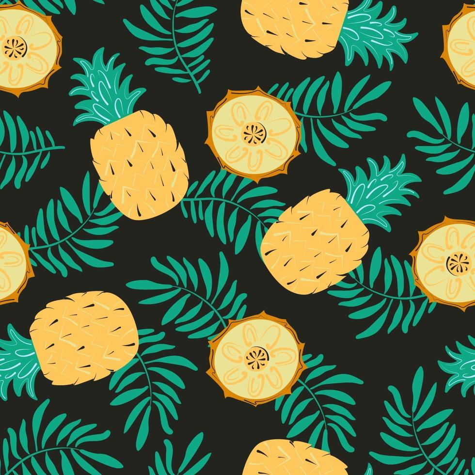 Seamless pattern with pineapple, slices and palm leaves. Exotic vector background