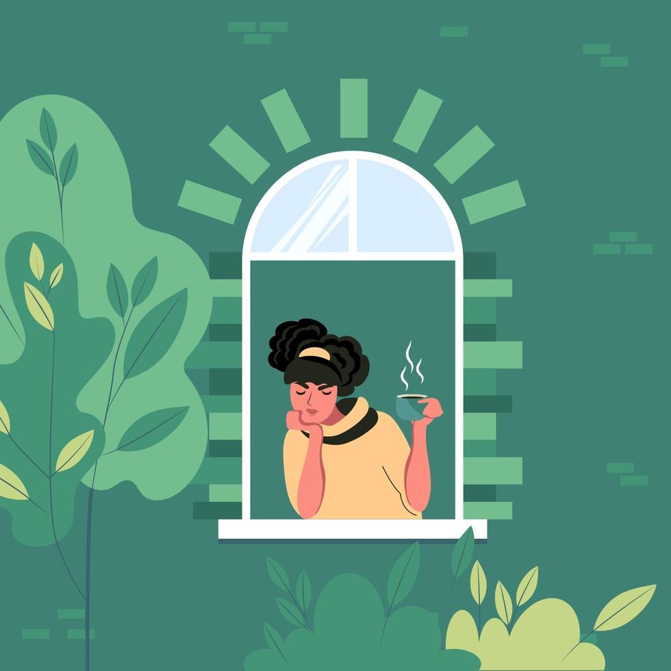 Spring depression. Young woman under stress from self-isolation. Apathetic state, sadness at the window. Flat vector illustration