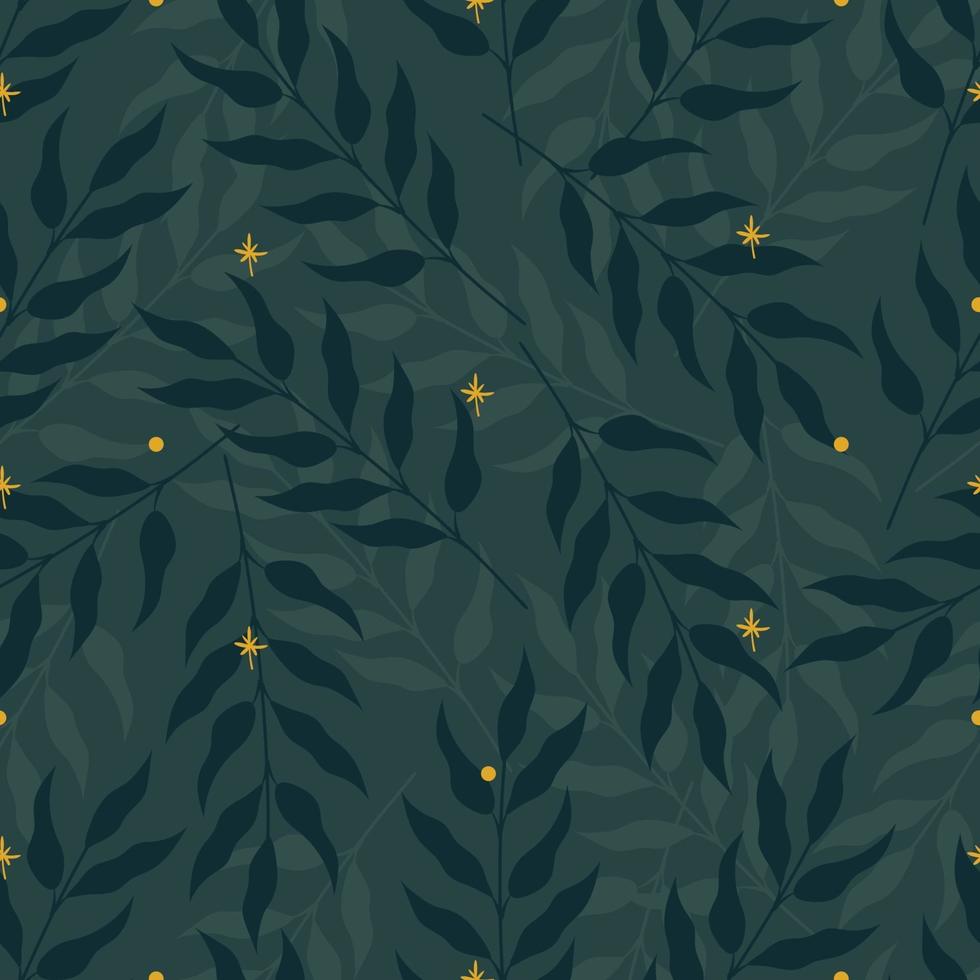 Seamless nature pattern with green leaves and yellow stars or fireflies. Flat vector illustration