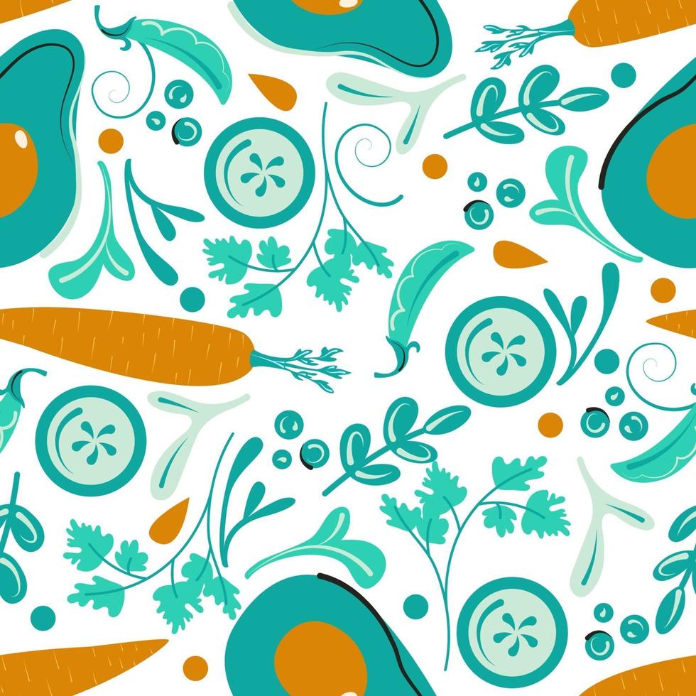 Seamless vegetable pattern. Green vegan background. Flat vector illustration