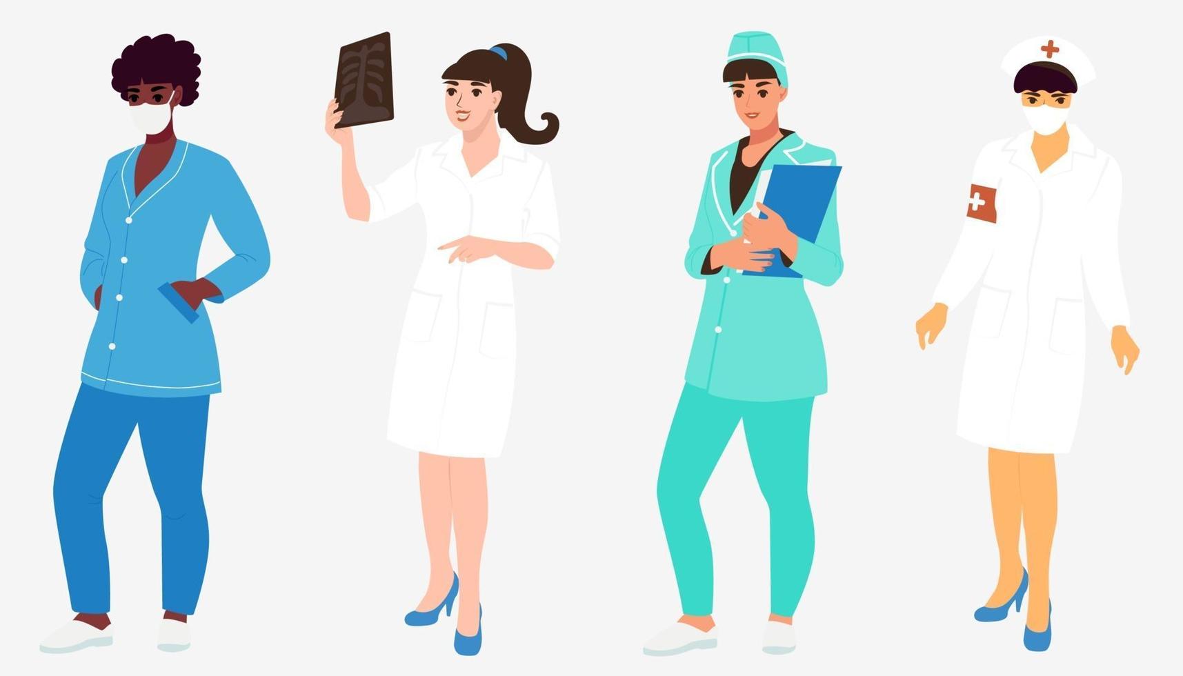 un conjunto de niñas enfermeras, doctoras de diferentes nacionalidades. Profesional médico femenino afroamericano, asiático y blanco. ilustración vectorial plana vector