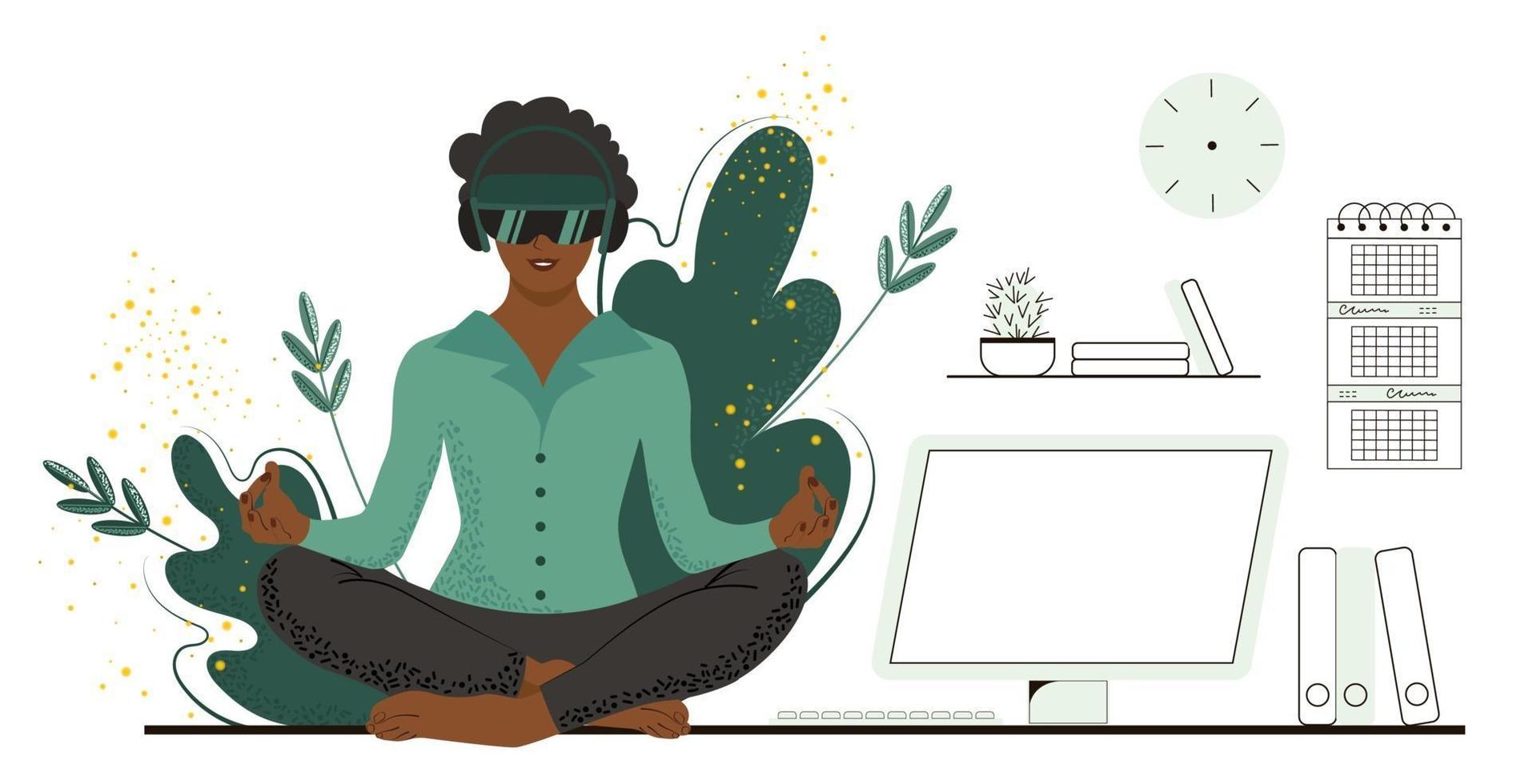 African American woman in the office relaxes, resting in augmented reality glasses. Be in nature and listen to the sounds of nature without leaving your workplace. VR concept vector illustration