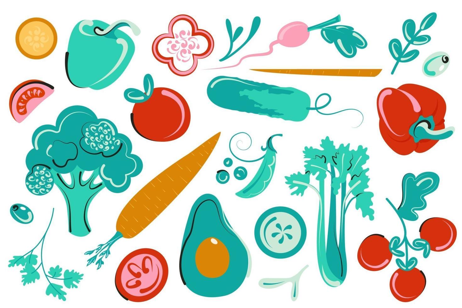 Set of vegetables. Fresh vegan collection. Flat greenery illustration vector