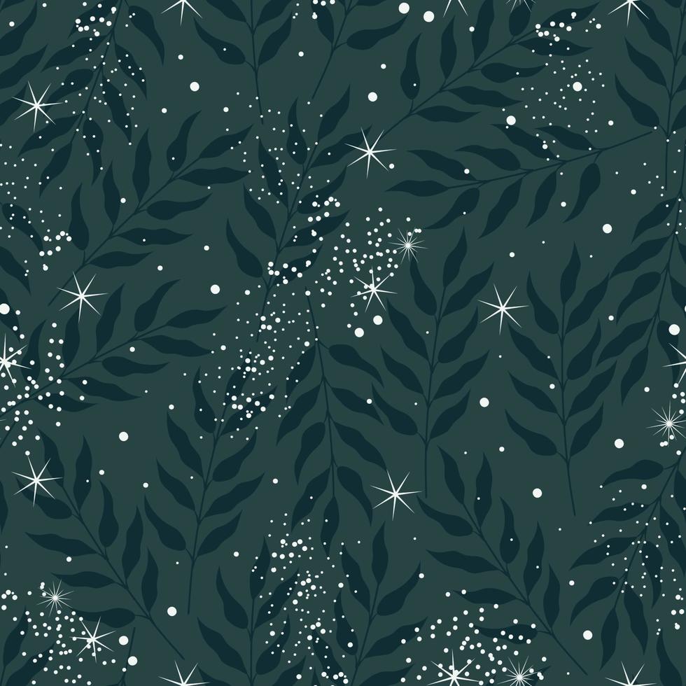 patrón de naturaleza sin fisuras. fondo verde oscuro con hojas y estrellas. ilustración vectorial plana vector