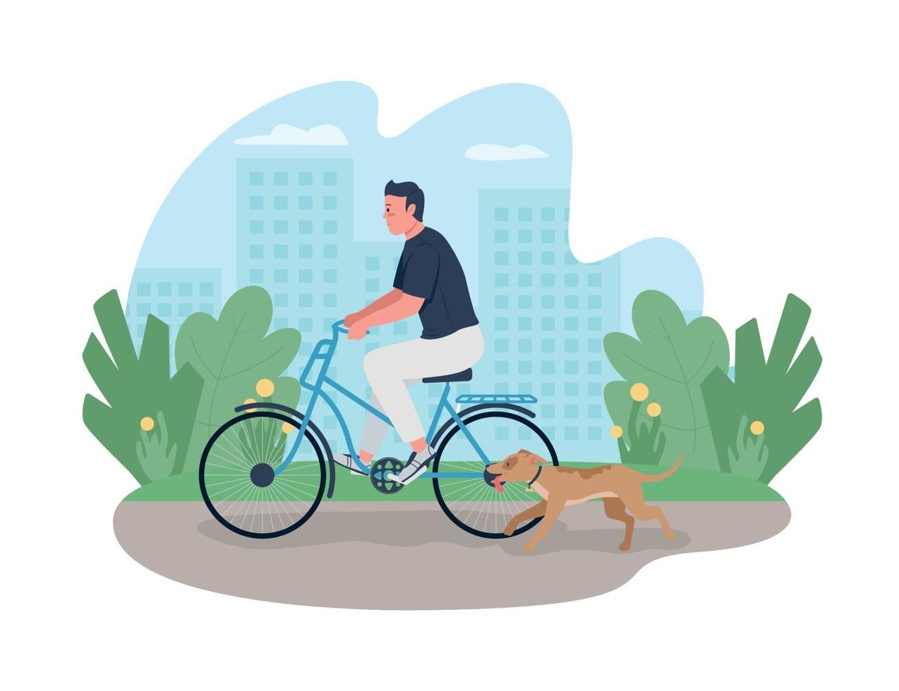 Hombre montado en bicicleta con perro corriendo cerca de banner web de vector 2d, cartel