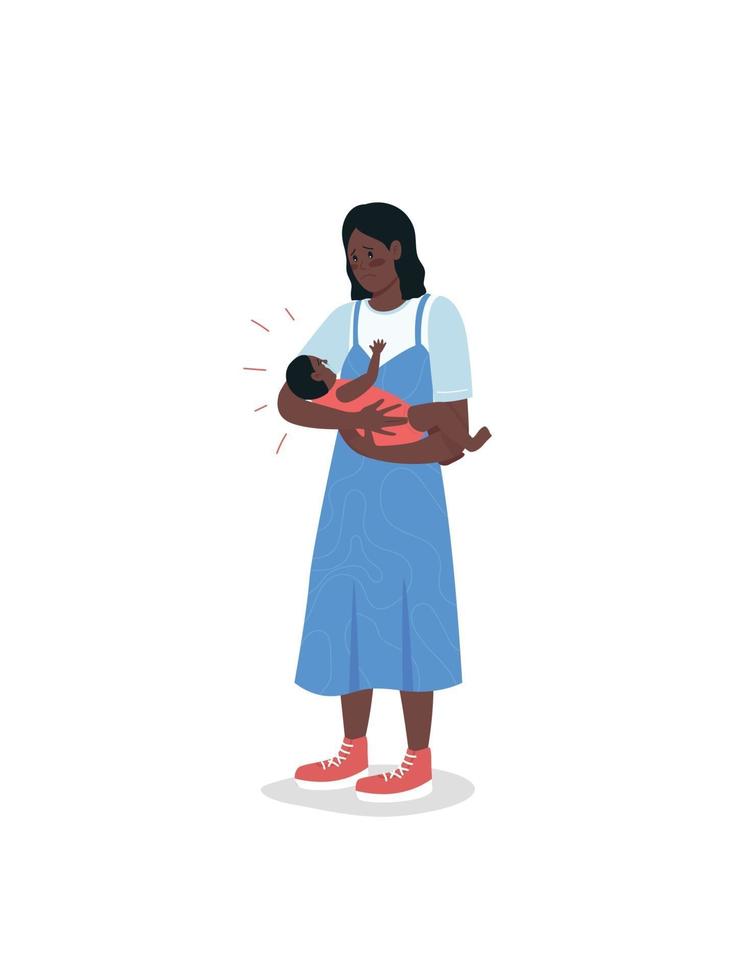 Madre joven preocupada con personajes detallados de vector de color plano de bebé gritando
