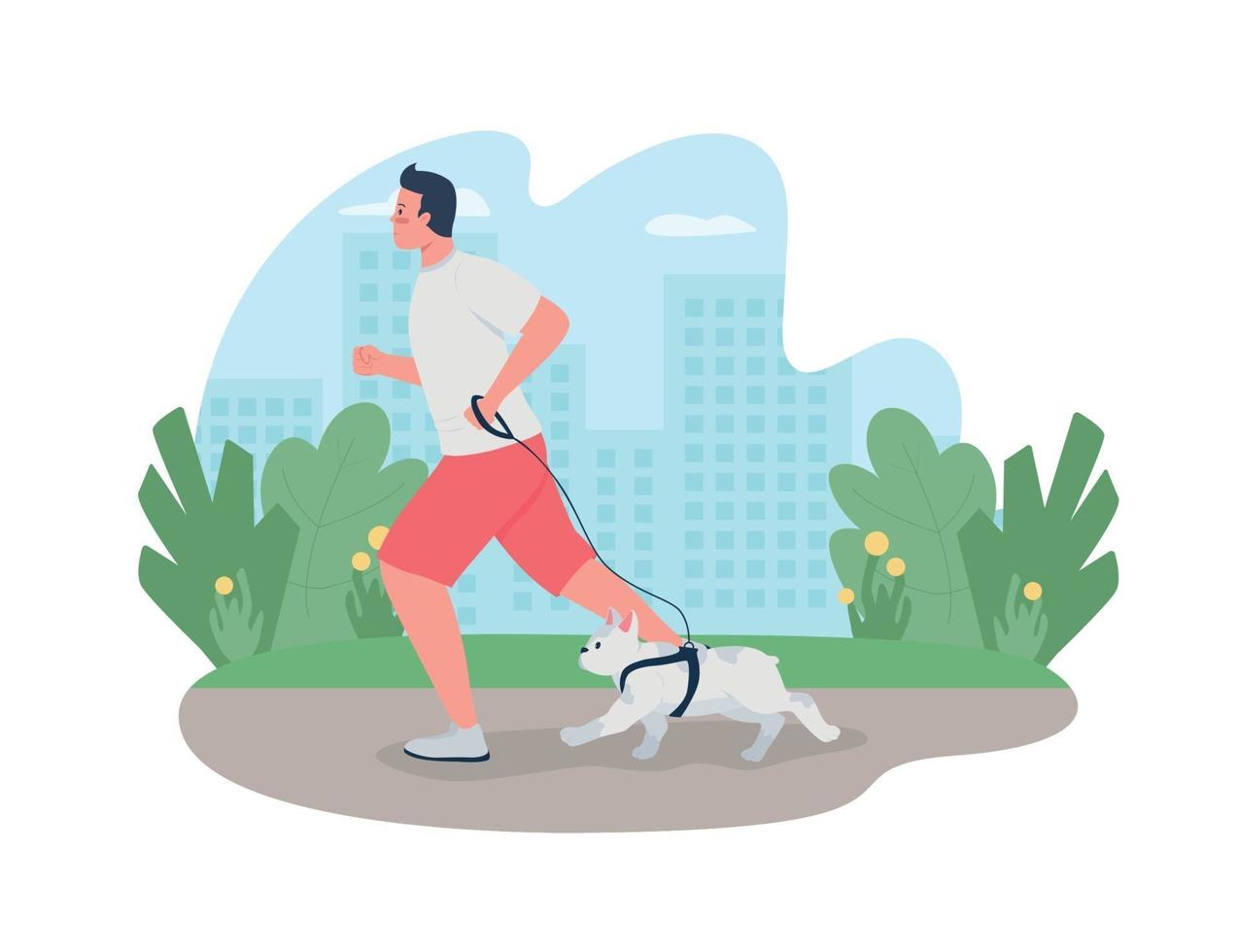 Hombre corriendo con perro con correa 2d vector web banner, cartel