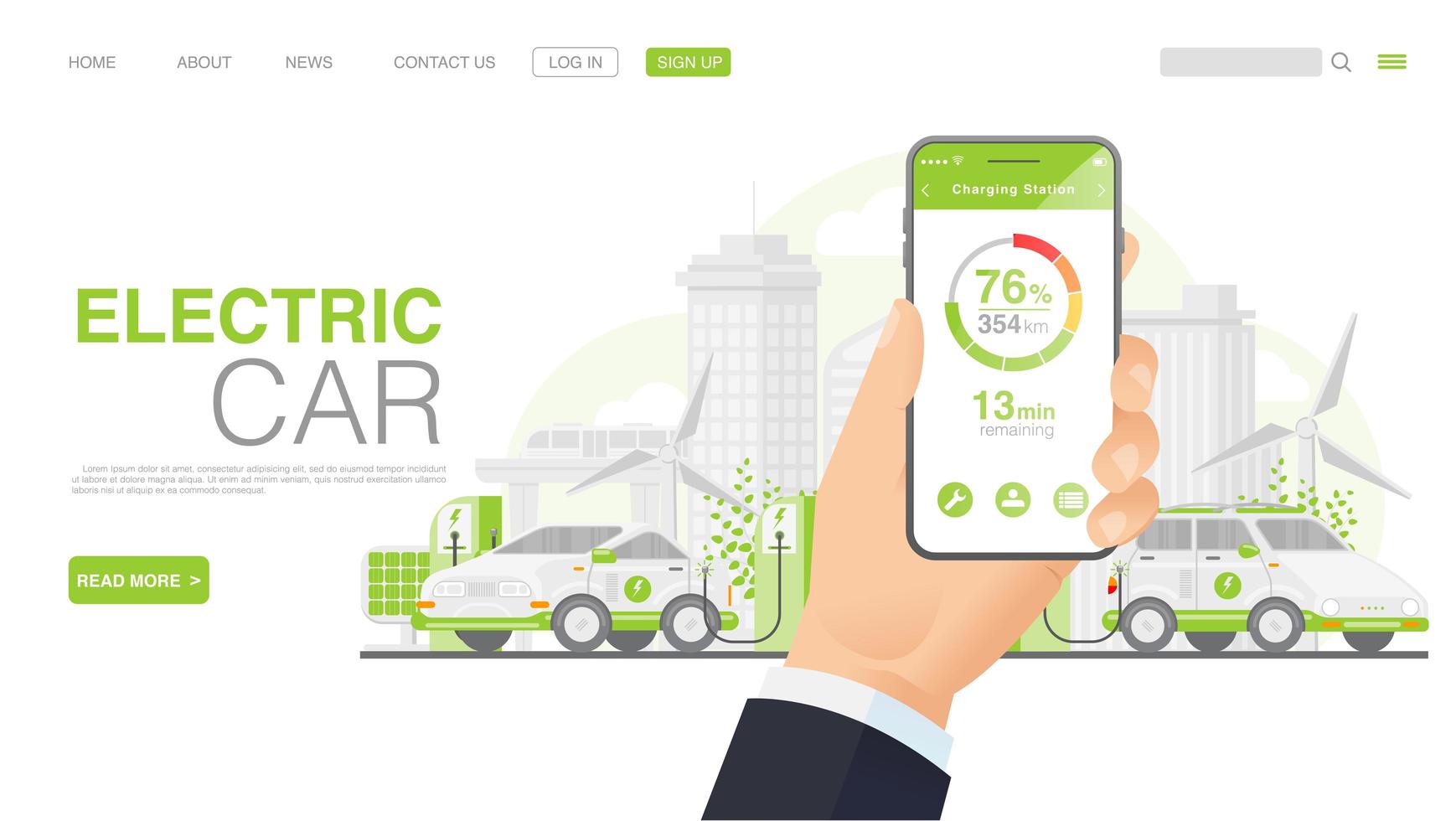 EV Car Or Electric Car At Charging Station. Concept Illustration For