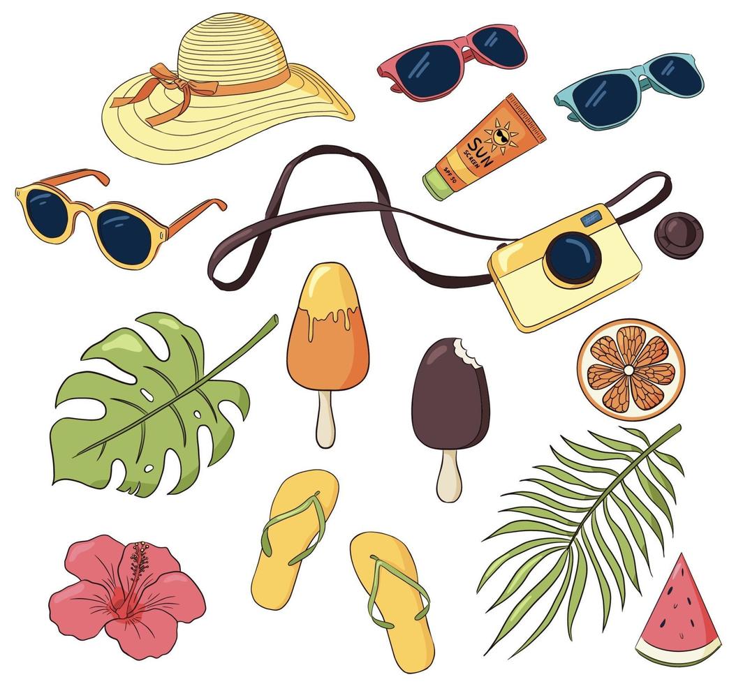 Vector set of summer vacation items. Tropical leaves, photo camera, ice cream, sunglasses, apparel and care. Hand drawn elements of sea recreation