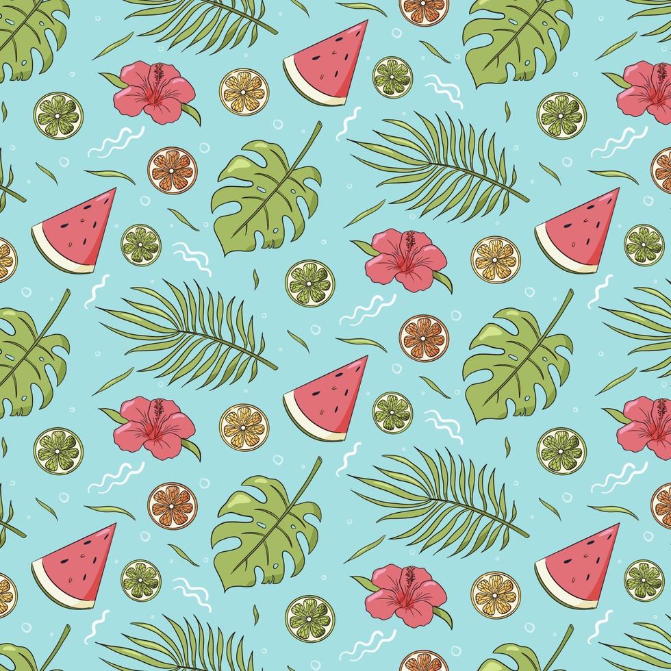 Seamless pattern of summer vibes items. Repeated ornament of tropical leaves, watermelon and citrus fruits. Vector colorful hand drawn illustration for wrapping paper, wallpaper, textile and fabric