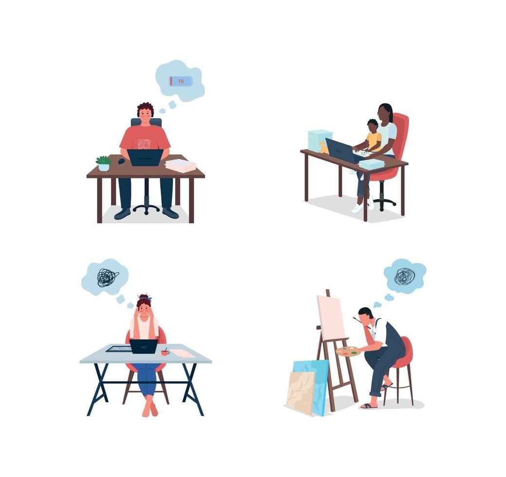 Tired freelancers flat color vector faceless and detailed characters set