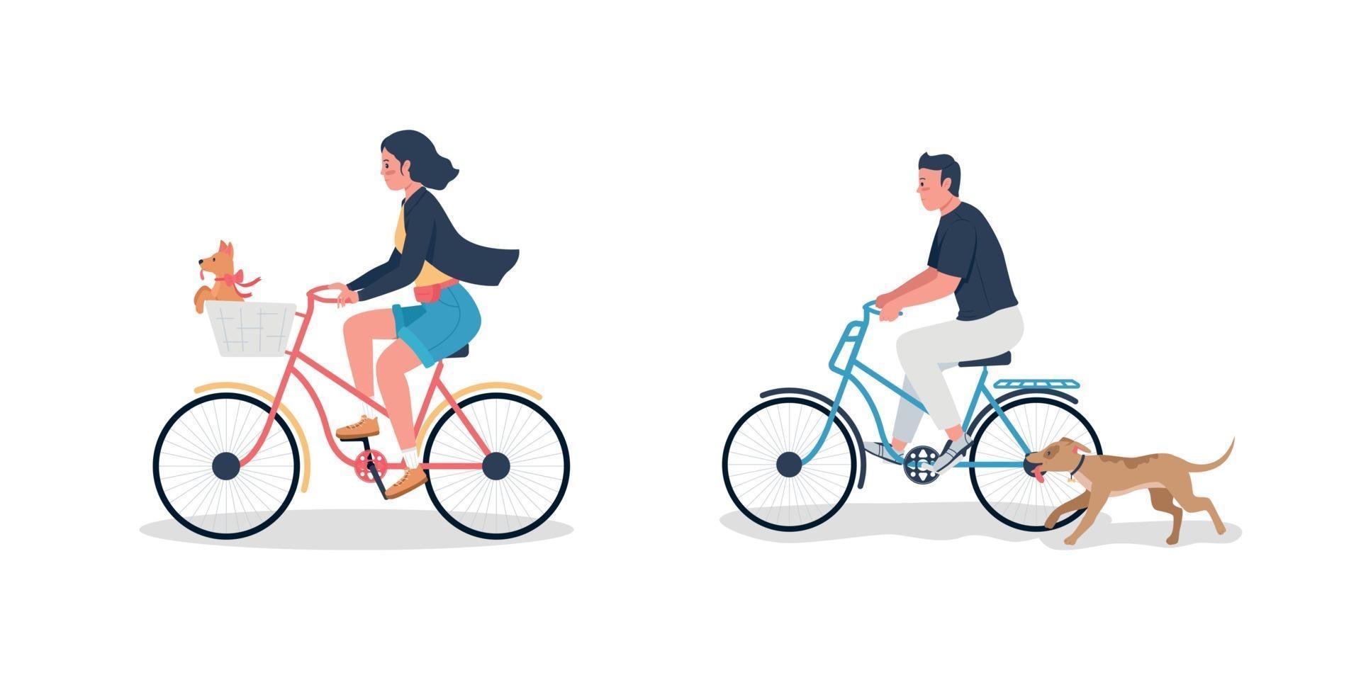Caucasian man and woman on bicycle with dogs flat color vector detailed character set