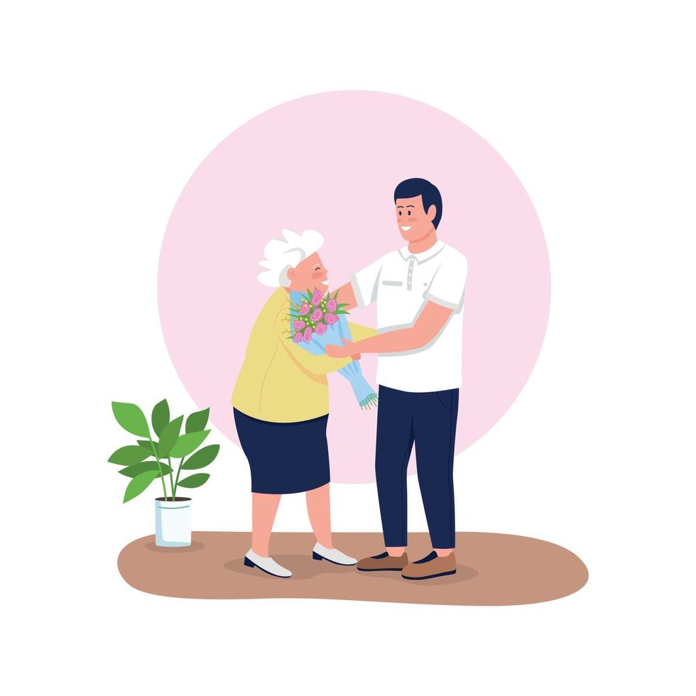 Grandson giving grandmother flowers flat color vector detailed characters