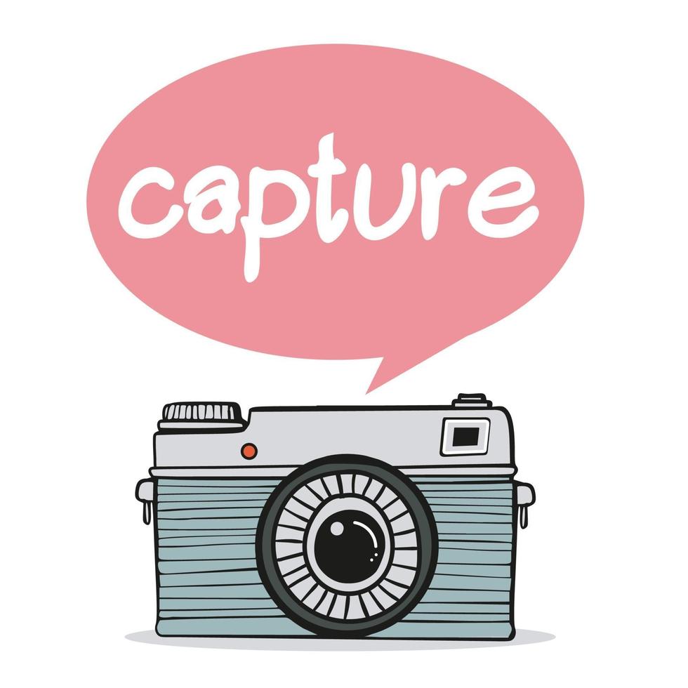 Retro camera doodle  hand-drawn  with stylish lettering capture vector