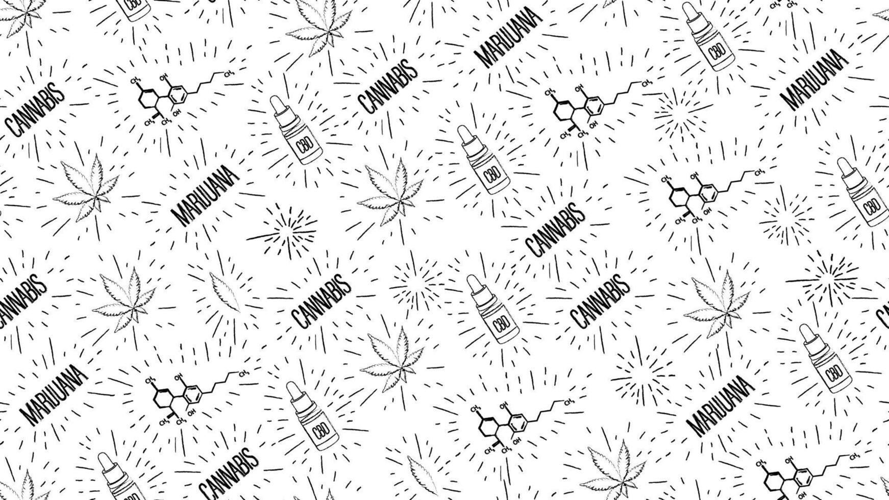 White seamless pattern in doodle style with cannabis leafs, bottle of CBD oil, chemical formula of CBD and cannabis logos vector