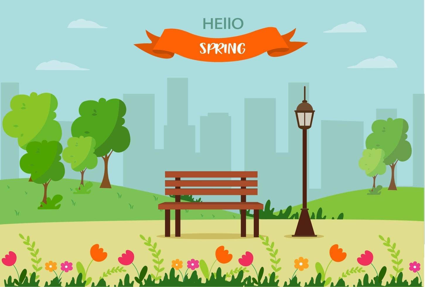 Hello spring, a landscape with a bench, houses, fields and nature. Cute vector illustration