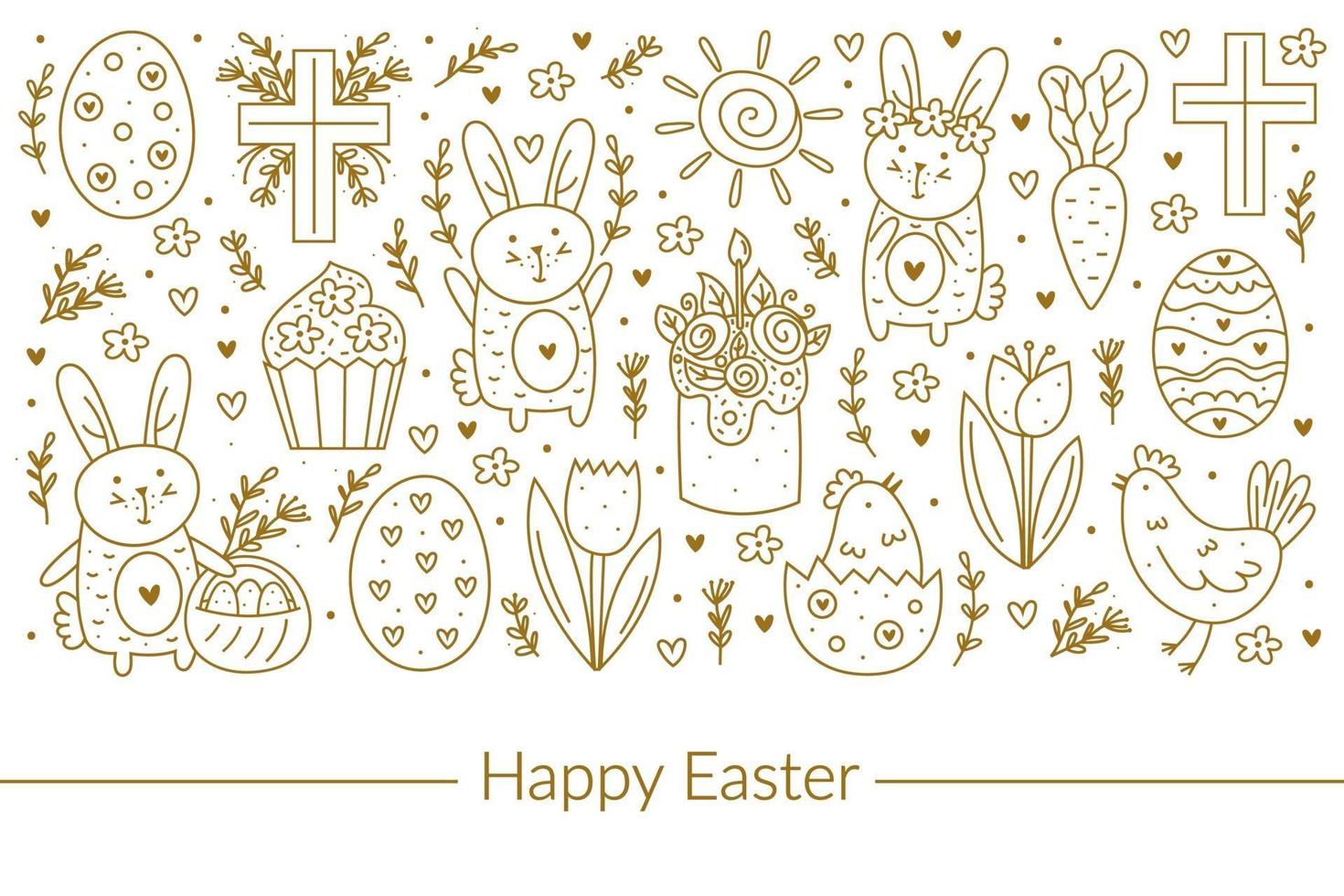 Happy Easter doodle line art design. Golden design elements. Rabbit, bunny, christian cross, cake, cupcake, chicken, egg, hen, flower, carrot, sun. Isolated on white background. vector