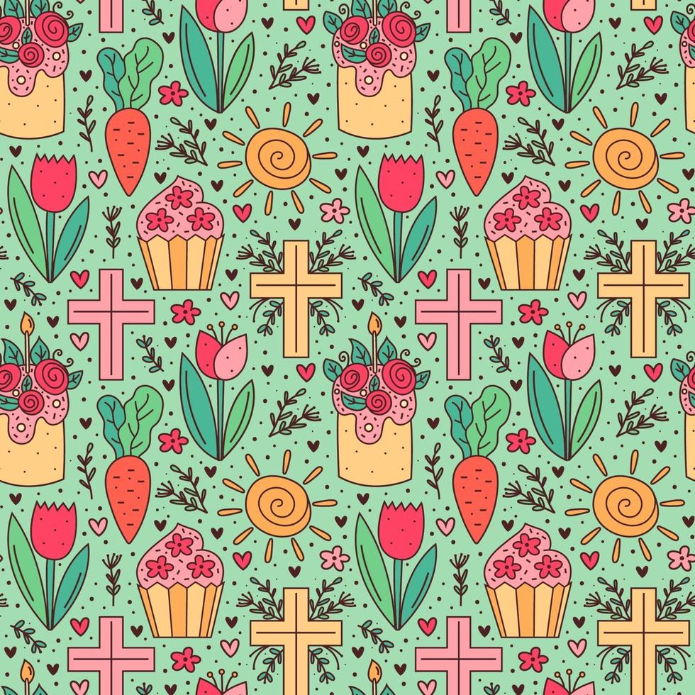 Happy Easter holiday doodle seamless pattern. Cupcake, cake, tulip flower, christian cross, sun, carrot. Packaging paper design. vector