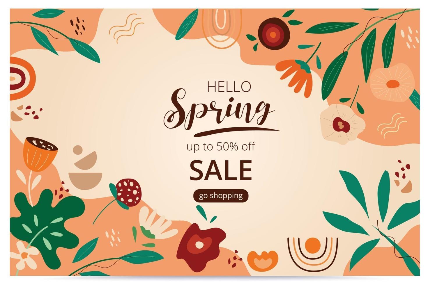 Hello spring sale banner with blossom bloom. Sale banner. Vector illustration. Hand drawn. Organic flower design.