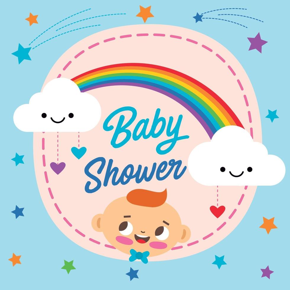 Baby shower with clouds and rainbow postcard illustration vector