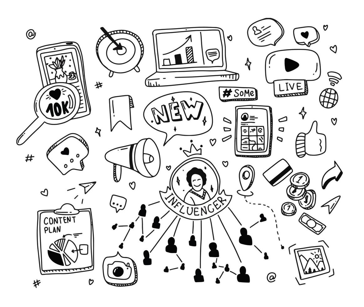 Doodle set social media concept. Influencer marketing elements. vector