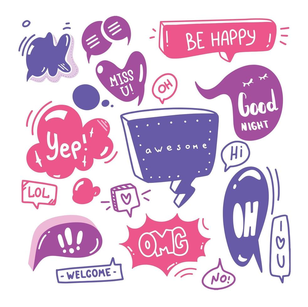 Doodle set of speech bubbles with dialog text Hi, Love, Yep, Welcome, ok. Comic hand drawn sketch style. Text and speech balloon element drawn with a brush-pen. vector