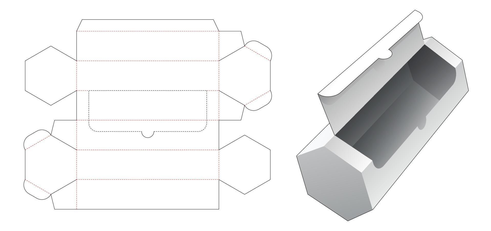 Plantilla troquelada de caja de embalaje hexagonal larga con cremallera vector