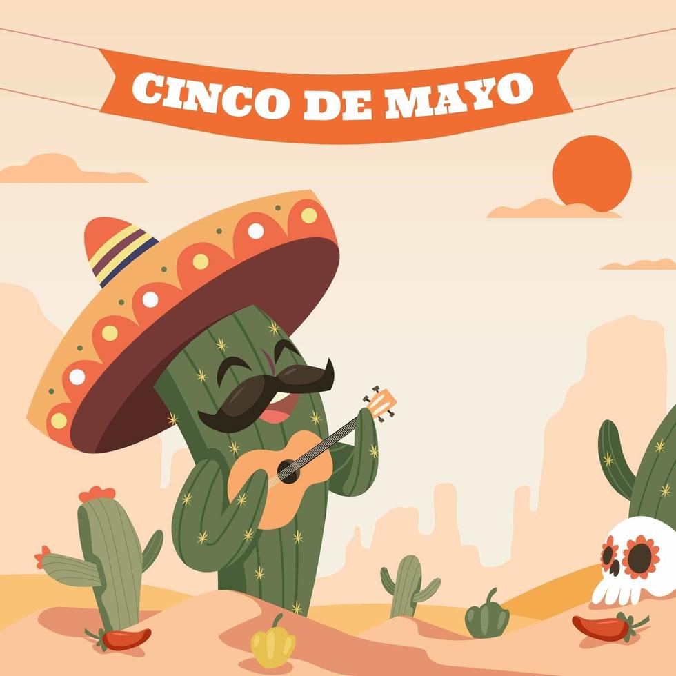 feliz cinco de mayo cactus con sombrero vector