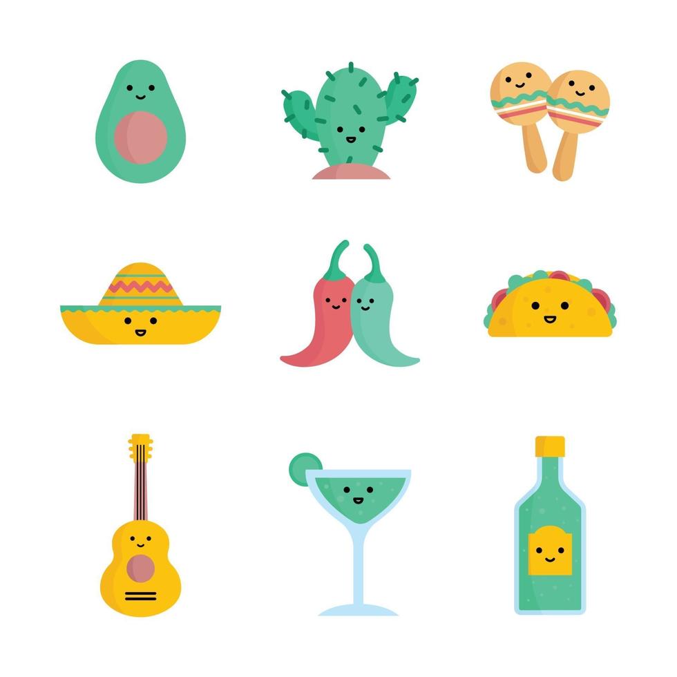 Cute Cartoon Cinco De Mayo Icon Set vector