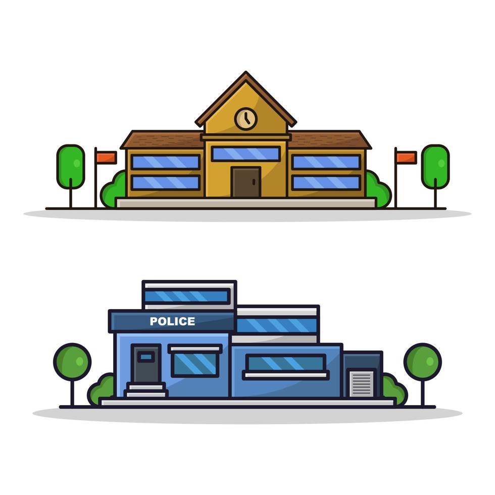 School And Police Station On White Background vector