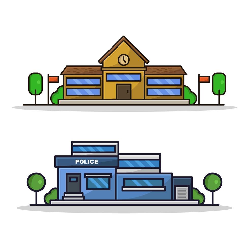 Escuela y estación de policía sobre fondo blanco. vector