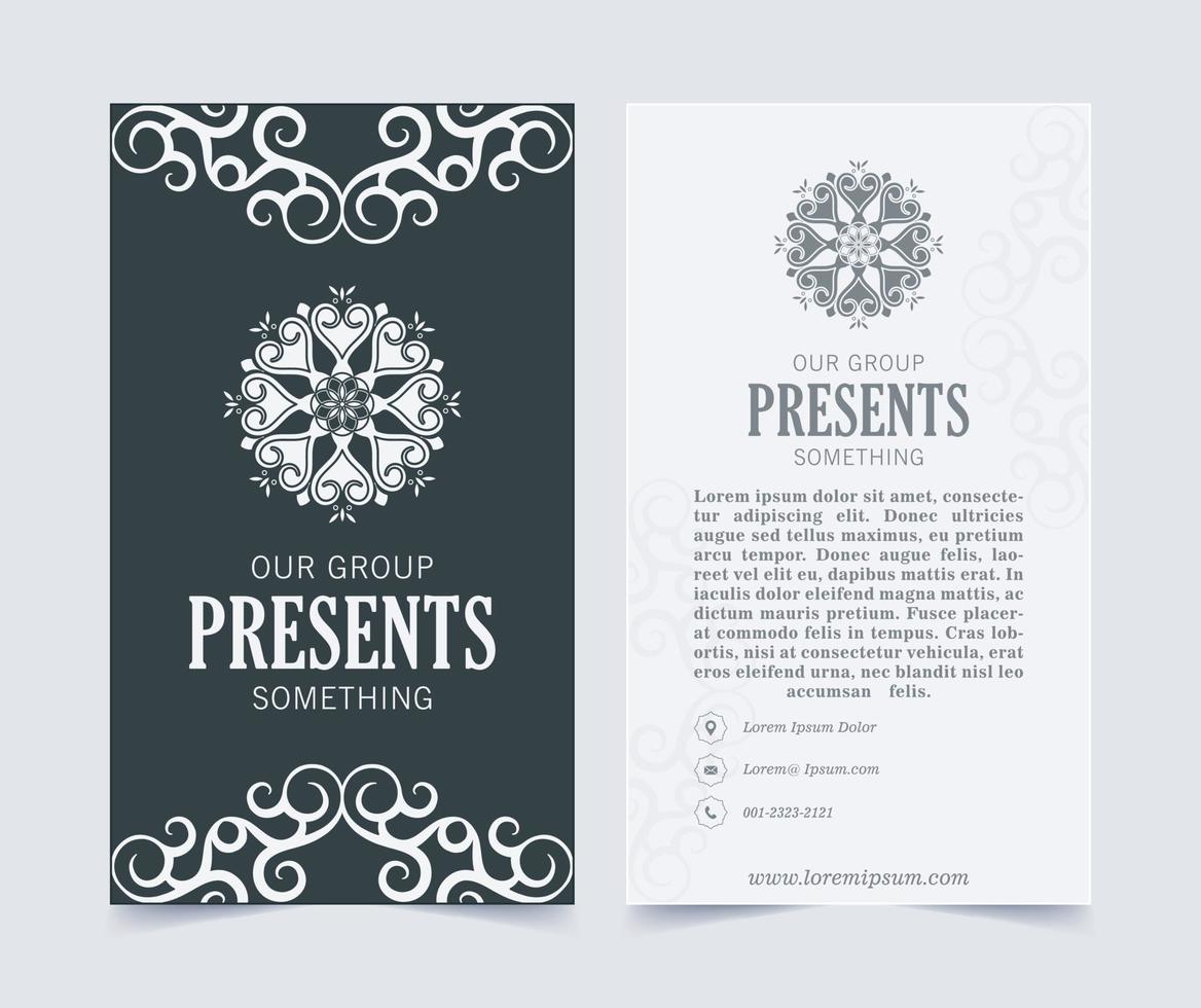 Luxury business card and vintage ornament logo vector template. Retro elegant flourishes ornamental frame design and pattern background.